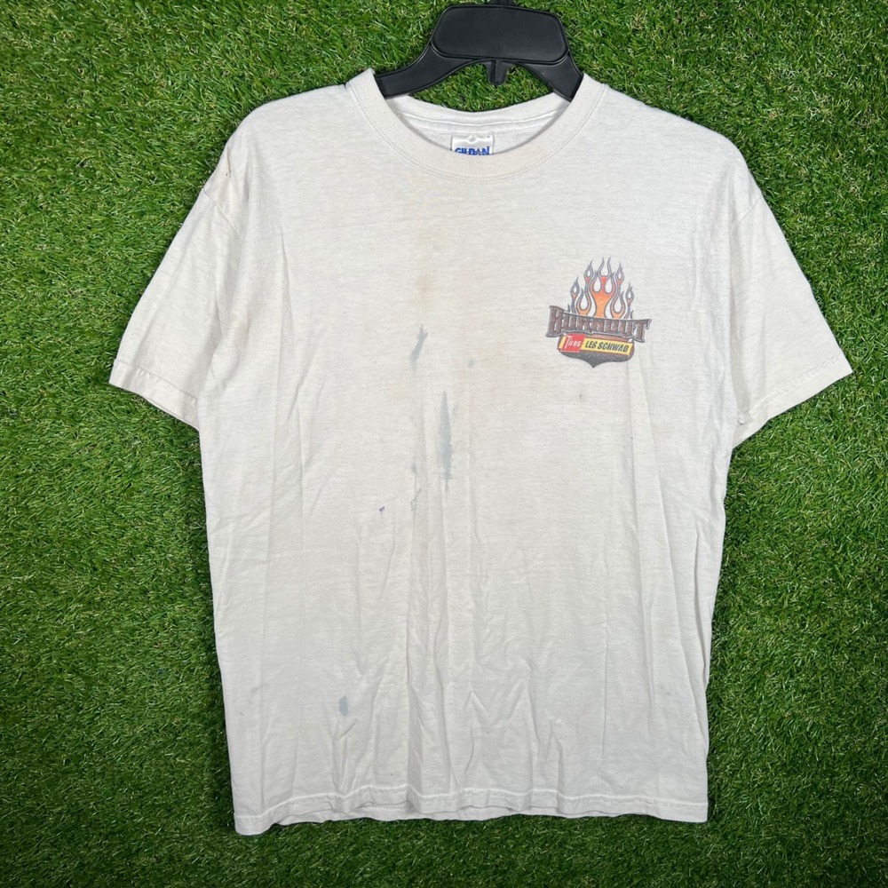Gildan Les Schwab Tires Burnout Hot Rod Graphic T-Shirt Mens Medium White